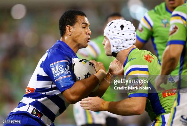 William Hopoate of the Bulldogs in action during the round five NRL match between the Canberra Raiders and the Canterbury Bulldogs at GIO Stadium on...