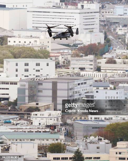 Photo taken from a Kyodo News helicopter on April 5, 2018 shows a U.S. Air Force CV-22 Osprey heading to Yokota Air Base in Tokyo. ==Kyodo
