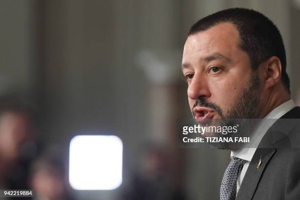 Matteo Salvini, leader of the far-right party "Lega" speaks to journalists after a meeting with Italian President Sergio Mattarella on the second day...