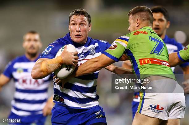 Joshua Jackson of the Bulldogs in action during the round five NRL match between the Canberra Raiders and the Canterbury Bulldogs at GIO Stadium on...