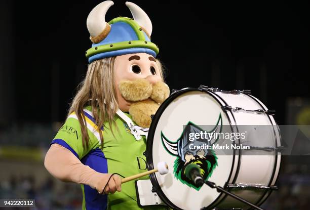 The Raiders mascot beats the drum for the clap before the round five NRL match between the Canberra Raiders and the Canterbury Bulldogs at GIO...