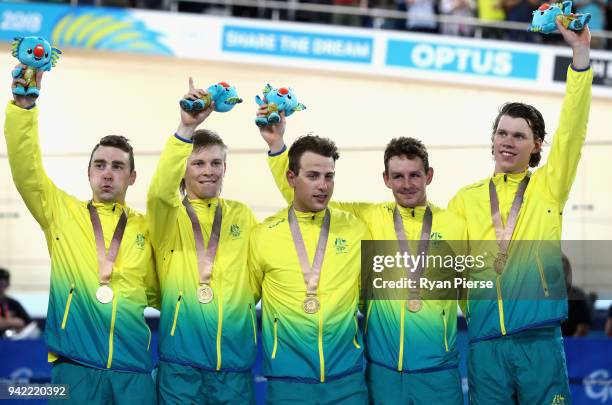 Jordan Kerby, Sam Welsford, Kelland O'Brien, Leigh Howard and Alex Porter of Australia celebrate during the medal ceremony for the Men's 4000m Team...