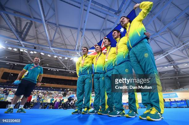 Jordan Kerby, Sam Welsford, Kelland O'Brien, Leigh Howard and Alex Porter of Australia celebrate during the medal ceremony for the Men's 4000m Team...