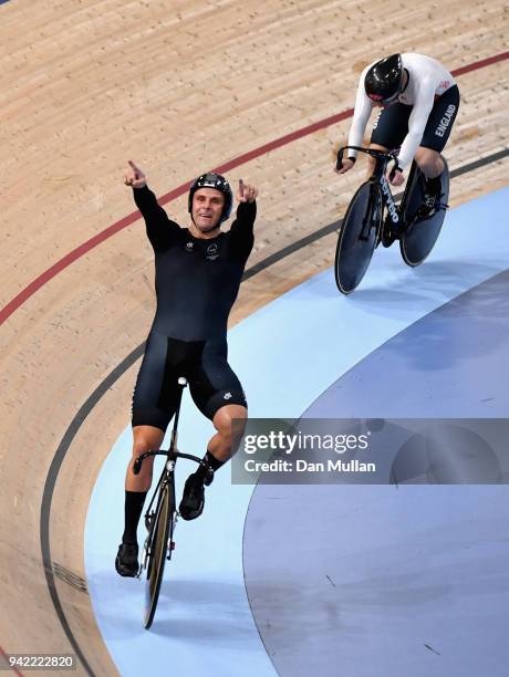 Edward Dawkins of New Zealand celebrates winning gold in the Men's Team Sprint Finals during the Cycling on day one of the Gold Coast 2018...