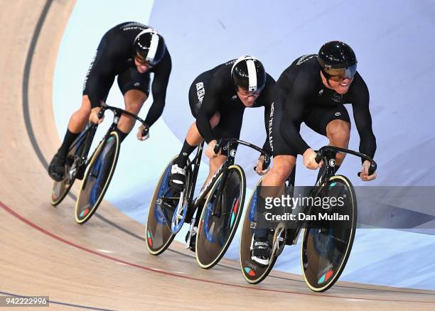 Edward Dawkins, Ethan Mitchell and Sam Webster of New Zealand compete in the Men's Team Sprint Finals during the Cycling on day one of the Gold Coast...