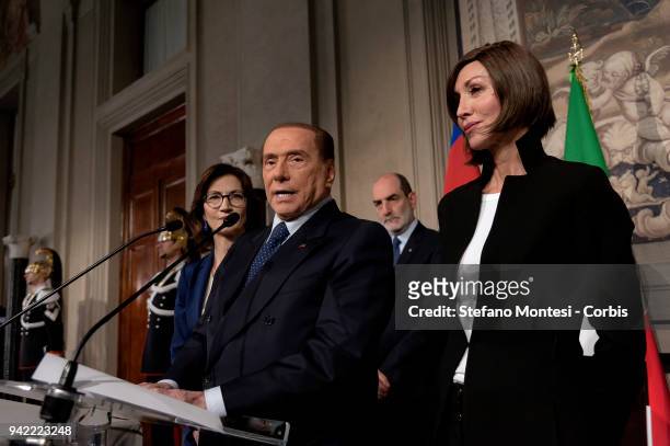 Mariastella Gelmini, Silvio Berlusconi leader of 'Forza Italia' party and Anna Maria Bernini attend a press conference after a meeting with Italy's...