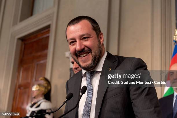 Matteo Salvini leader of the 'League' party attends a press conference after a meeting with Italy's President Sergio Mattarella during the second day...