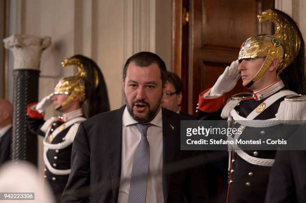 Matteo Salvini leader of the 'League' party attends a press conference after a meeting with Italy's President Sergio Mattarella during the second day...