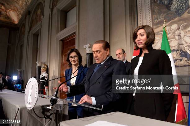 Mariastella Gelmini, Silvio Berlusconi leader of 'Forza Italia' party and Anna Maria Bernini attend a press conference after a meeting with Italy's...