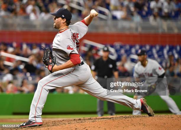 Heath Hembree of the Boston Red Sox pitches in the seventh inning during the game against the Miami Marlins at Marlins Park on April 2, 2018 in...