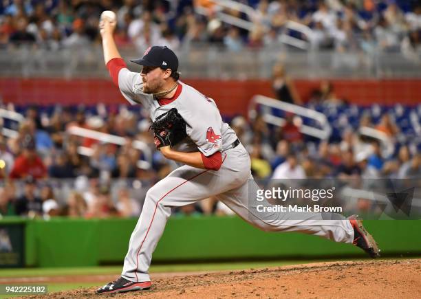 Heath Hembree of the Boston Red Sox pitches in the seventh inning during the game against the Miami Marlins at Marlins Park on April 2, 2018 in...