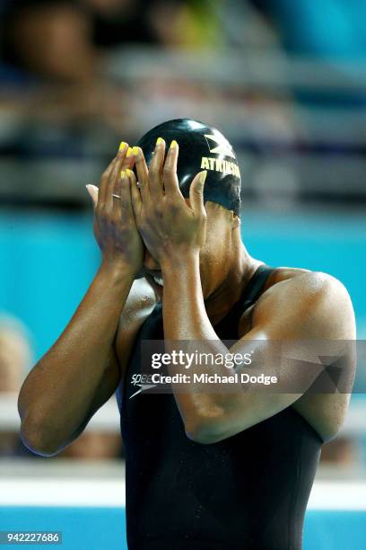 Alia Atkinson of Jamaica focuses in the Women's 50m Breaststroke Semifinal 2 on day one of the Gold Coast 2018 Commonwealth Games at Optus Aquatic...