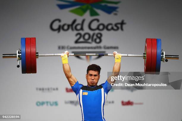 Muhamad Aznil Bidin of Malaysia competes during the Weightlifting Men's 62kg Final on day one of the Gold Coast 2018 Commonwealth Games at Carrara...