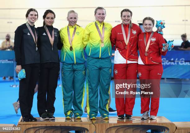 Silver medalists Emma Cumming and Natasha Hansen of New Zealand, gold medalists Stephanie Morton and Kaarle Mcculloch of Australia and bronze...