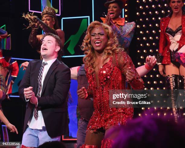 American Idol Season 7 Winner David Cook as "Charlie Price" and Wayne Brady as "Lola" celebrate onstage as the hit musical "Kinky Boots" celebrates...