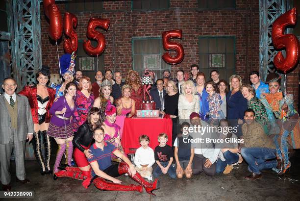 The cast and creative team pose backstage as the hit musical "Kinky Boots" celebrates it's 5th Anniversary on Broadway at The Hirshfeld Theatre on...