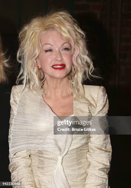 Composer Cyndi Lauper poses backstage as the hit musical "Kinky Boots" celebrates it's 5th Anniversary on Broadway at The Hirshfeld Theatre on April...