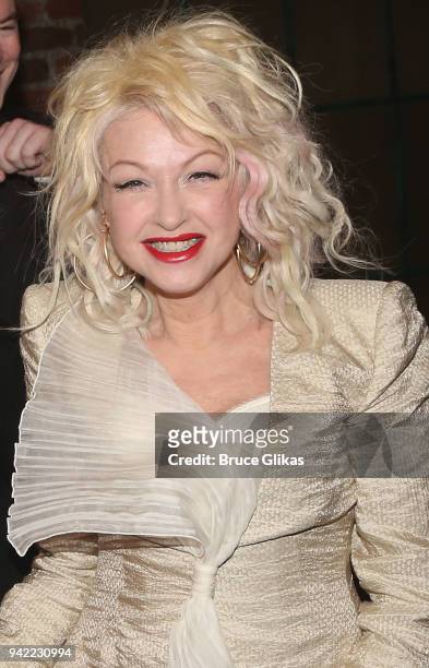 Composer Cyndi Lauper poses backstage as the hit musical "Kinky Boots" celebrates it's 5th Anniversary on Broadway at The Hirshfeld Theatre on April...
