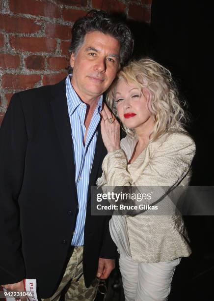 David Thornton and wife Cyndi Lauper pose backstage as the hit musical "Kinky Boots" celebrates it's 5th Anniversary on Broadway at The Hirshfeld...