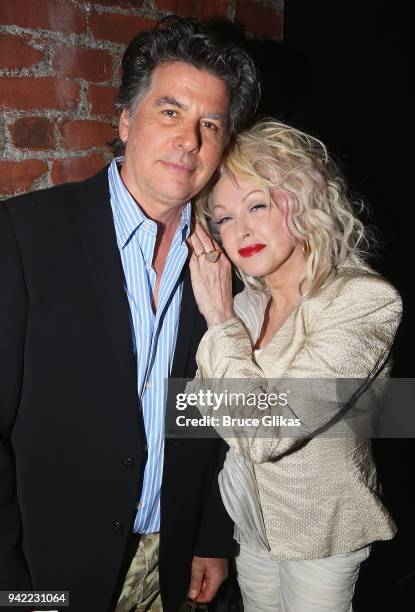 David Thornton and wife Cyndi Lauper pose backstage as the hit musical "Kinky Boots" celebrates it's 5th Anniversary on Broadway at The Hirshfeld...