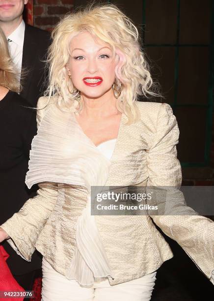 Composer Cyndi Lauper poses backstage as the hit musical "Kinky Boots" celebrates it's 5th Anniversary on Broadway at The Hirshfeld Theatre on April...