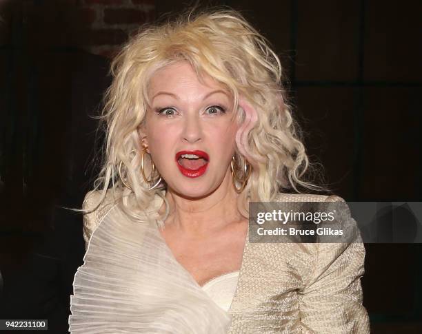 Composer Cyndi Lauper poses backstage as the hit musical "Kinky Boots" celebrates it's 5th Anniversary on Broadway at The Hirshfeld Theatre on April...