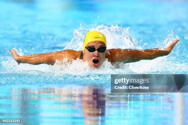Madeline Groves of Australia competes during the Women's 100m Butterfly Semifinal 2 on day one of the Gold Coast 2018 Commonwealth Games at Optus...