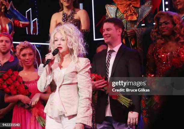 Composer Cyndi Lauper makes a speech and celebrates onstage as the hit musical "Kinky Boots" celebrates it's 5th Anniversary on Broadway at The...