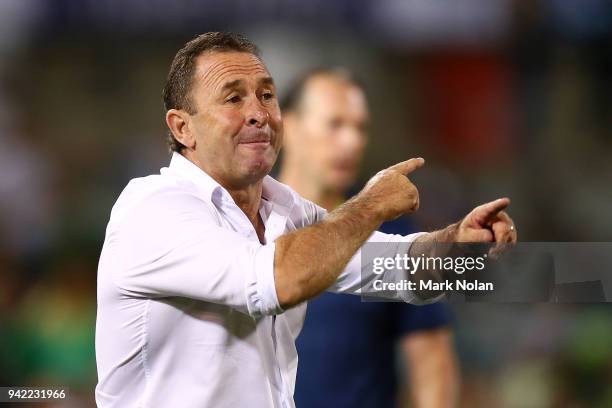 Raiders coach Ricky Stuart talks to his players during the round five NRL match between the Canberra Raiders and the Canterbury Bulldogs at GIO...