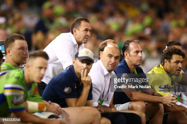 Raiders coach Ricky Stuart watches on during the round five NRL match between the Canberra Raiders and the Canterbury Bulldogs at GIO Stadium on...
