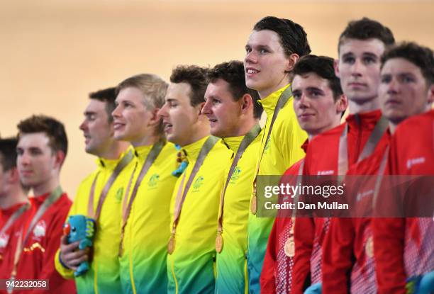 Jordan Kerby, Sam Welsford, Kelland O'Brien, Leigh Howard and Alex Porter of Australia look on during the medal ceremony for the Men's 4000m Team...