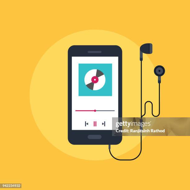 ilustraciones, imágenes clip art, dibujos animados e iconos de stock de teléfono móvil portada plantilla de música - auriculares