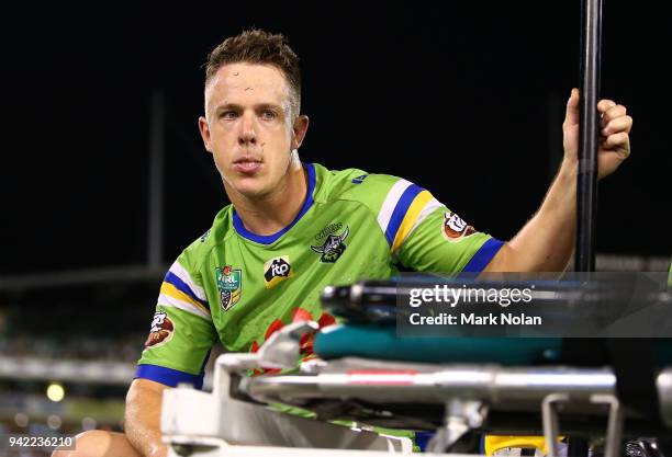 Sam Williams of the Raiders is taken from the field with an injury during the round five NRL match between the Canberra Raiders and the Canterbury...