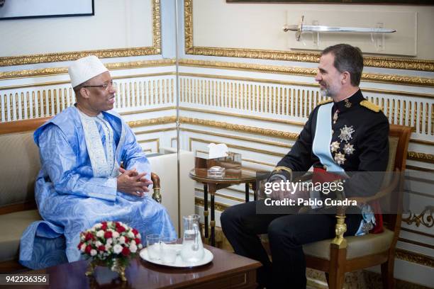 King Felipe VI of Spain receives the new ambassador of the Republic of Guinea to Spain, Paul Goa Zoumanugui , at the Royal Palace on April 5, 2018 in...