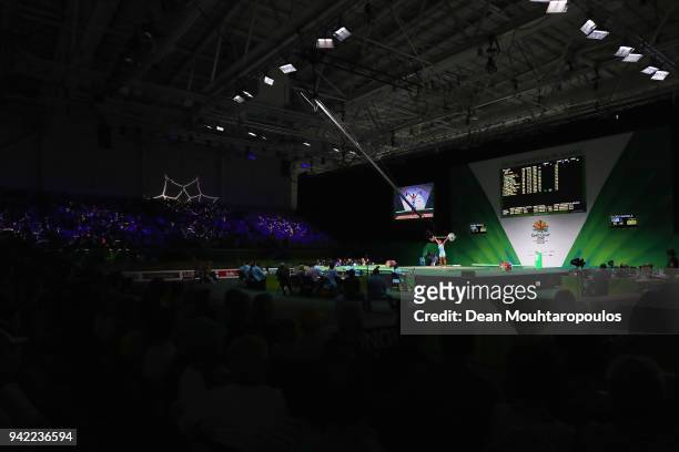 General view during the Weightlifting Men's 62kg Final on day one of the Gold Coast 2018 Commonwealth Games at Carrara Sports and Leisure Centre on...