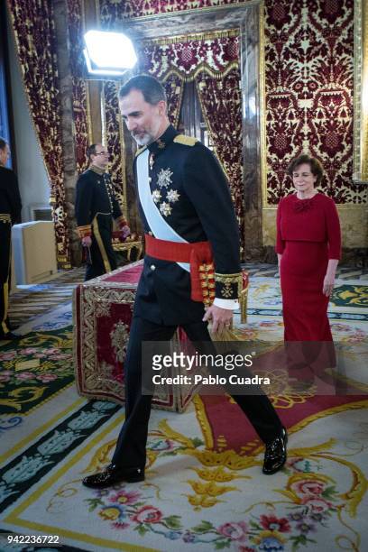 King Felipe VI of Spain receives new ambassadors at the Royal Palace on April 5, 2018 in Madrid, Spain.