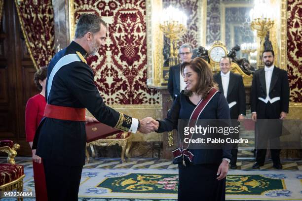 King Felipe VI of Spain receives the new ambassador of the Hashemite Kingdom of Jordan to Spain, Areej Mahmoud Saleh Awamde , at the Royal Palace on...