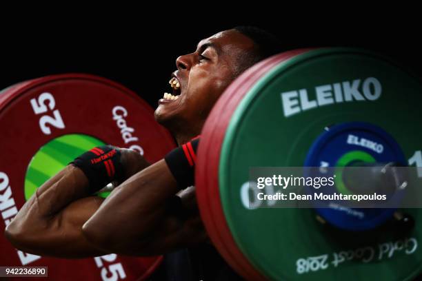 Poama Qaqa of Fiji competes during the Weightlifting Men's 62kg Final on day one of the Gold Coast 2018 Commonwealth Games at Carrara Sports and...