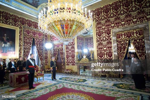 King Felipe VI of Spain receives new ambassadors at the Royal Palace on April 5, 2018 in Madrid, Spain.