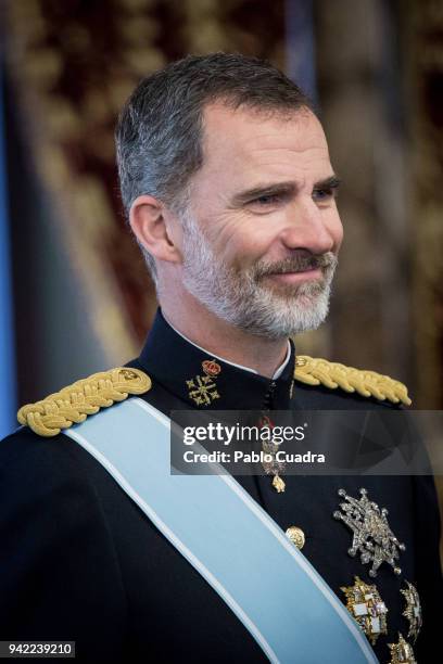 King Felipe VI of Spain receives new ambassadors at the Royal Palace on April 5, 2018 in Madrid, Spain.