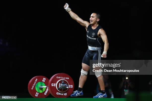 Ianne Guinares of New Zealand reacts after his lift during the Weightlifting Men's 62kg Final on day one of the Gold Coast 2018 Commonwealth Games at...