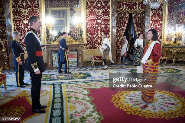 King Felipe VI of Spain receives the new ambassador of the Kingdom of Butan to Spain, Pema Choden , at the Royal Palace on April 5, 2018 in Madrid,...