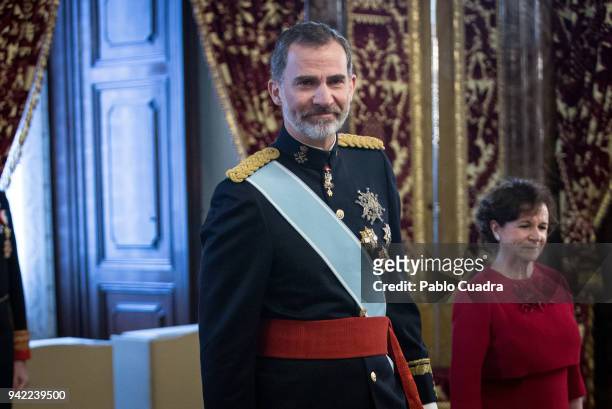 King Felipe VI of Spain receives new ambassadors at the Royal Palace on April 5, 2018 in Madrid, Spain.
