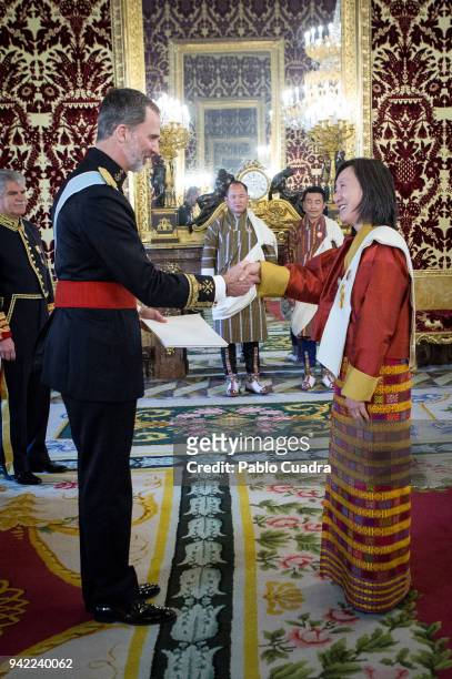 King Felipe VI of Spain receives the new ambassador of the Kingdom of Butan to Spain, Pema Choden , at the Royal Palace on April 5, 2018 in Madrid,...