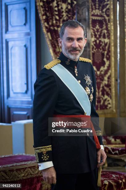 King Felipe VI of Spain receives new ambassadors at the Royal Palace on April 5, 2018 in Madrid, Spain.