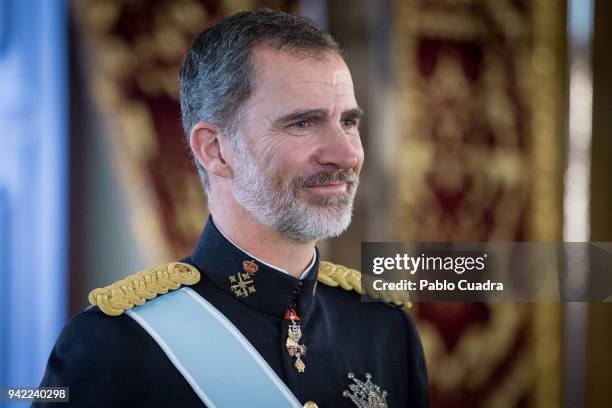 King Felipe VI of Spain receives new ambassadors at the Royal Palace on April 5, 2018 in Madrid, Spain.