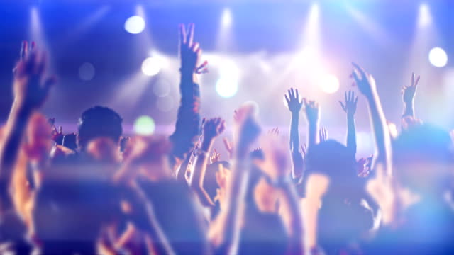 Footage of a crowd partying, dancing slow motion at a concert