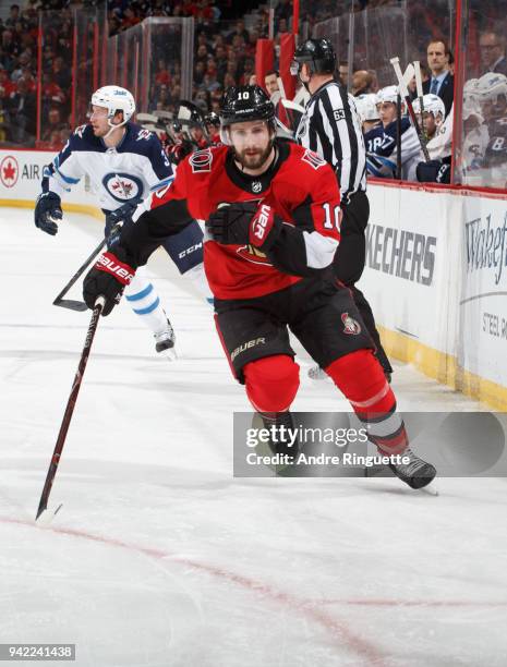 Tom Pyatt of the Ottawa Senators skates against the Winnipeg Jets at Canadian Tire Centre on April 2, 2018 in Ottawa, Ontario, Canada.