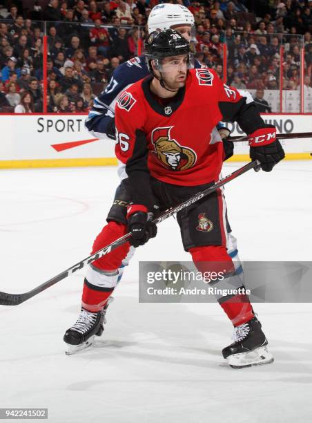 Colin White of the Ottawa Senators skates against the Winnipeg Jets at Canadian Tire Centre on April 2, 2018 in Ottawa, Ontario, Canada.