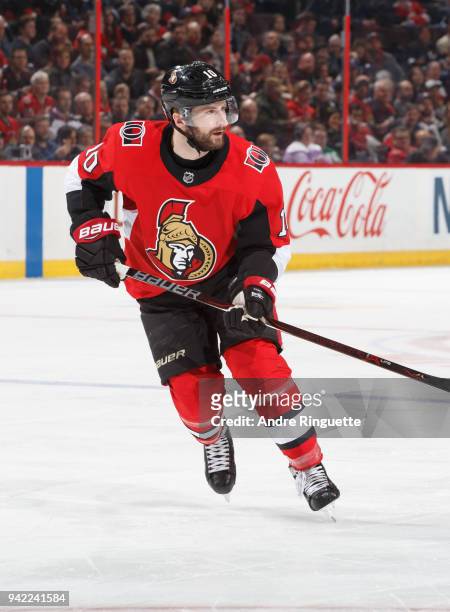 Tom Pyatt of the Ottawa Senators skates against the Winnipeg Jets at Canadian Tire Centre on April 2, 2018 in Ottawa, Ontario, Canada.